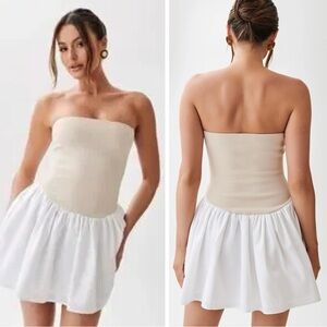 MESHKI Hannah Nude Knit & White Linen Strapless Mini Dress
